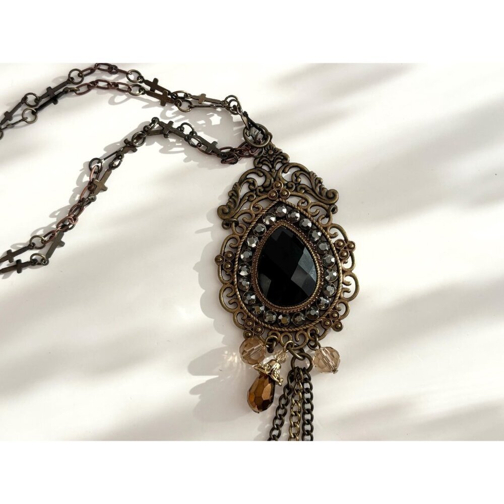 Victorian Inspired Teardrop Shaped Bronzed Faux Filigree Pendant Necklace - 18" - Picture 3 of 14
